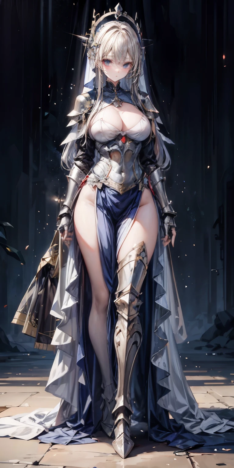 nun wearing iron mask+，Long, flowing blonde hair,（Put on the iron mask：2.0）and armor，Wearing an iron mask and armor，Metal heels，long face，long face，long face shape