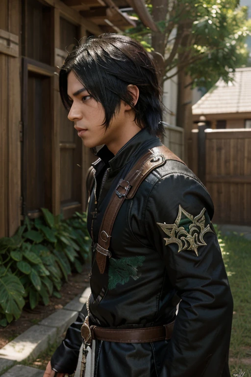 (((Only one character))), Profile, 1 boy, male, brownskin, black hair, green eyes, Kaeya Genshin Impact, Final Fantasy XIV, attack stance.