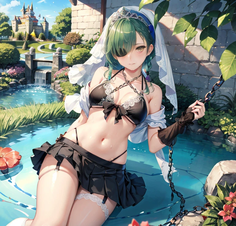 (Very good image quality), 1 girl Emerald green hair, long twin tails hair, back braid, low braid, bangs covering one eye, white veil, beret, silver tiara, yellow eyes, black fold, (chain) (bracelet with chain), (leg rings with chains)(chain connected to the wall), fully extended arms, fully extended legs, magical girl, off-shoulder, Kimono over bikini,pleated skirt, spreading skirt, bikini that can be worn inside, lace fabric bikini, black bikini, garter belt, Thigh-high socks, exhaustion, blushing, sweatyumekawa,yumekawaii,pastel color,(wonderland garden:1.3),rainbow waterfall,dripping ink,imagination,(Castle:1.4),
