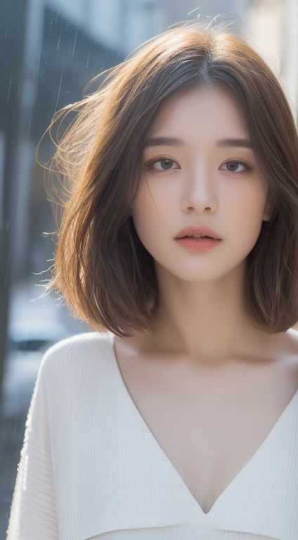 ((highest quality, 8K, masterpiece:1.3)), concentrated: 1.2, perfect body beauty: 1.4, buttocks: 1.2, ((layered haircut, chest: 1.2)), (wet clothes: 1.1) , (rain, street:1.3), bandeau dress: 1.1, Highly detailed face and skin texture, delicate eyes, double eyelid, whitened skin, long hair