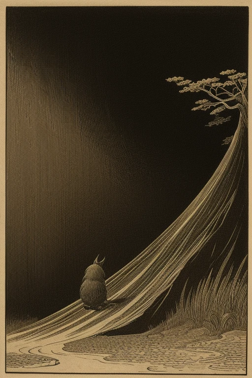 ((Chojugiga)), ((Shihon Bokuga)), antique, (anthropomorphism), (Sumi-e), Monochrome art, (Old style illustration), (hunting paintingural style, Little monster, old performance, variational pointillism, flat illustration, eerie, horror elements, eerie worldview, (primitive art), Outline warm color, old picture scroll style, old staging, Ancient mural style