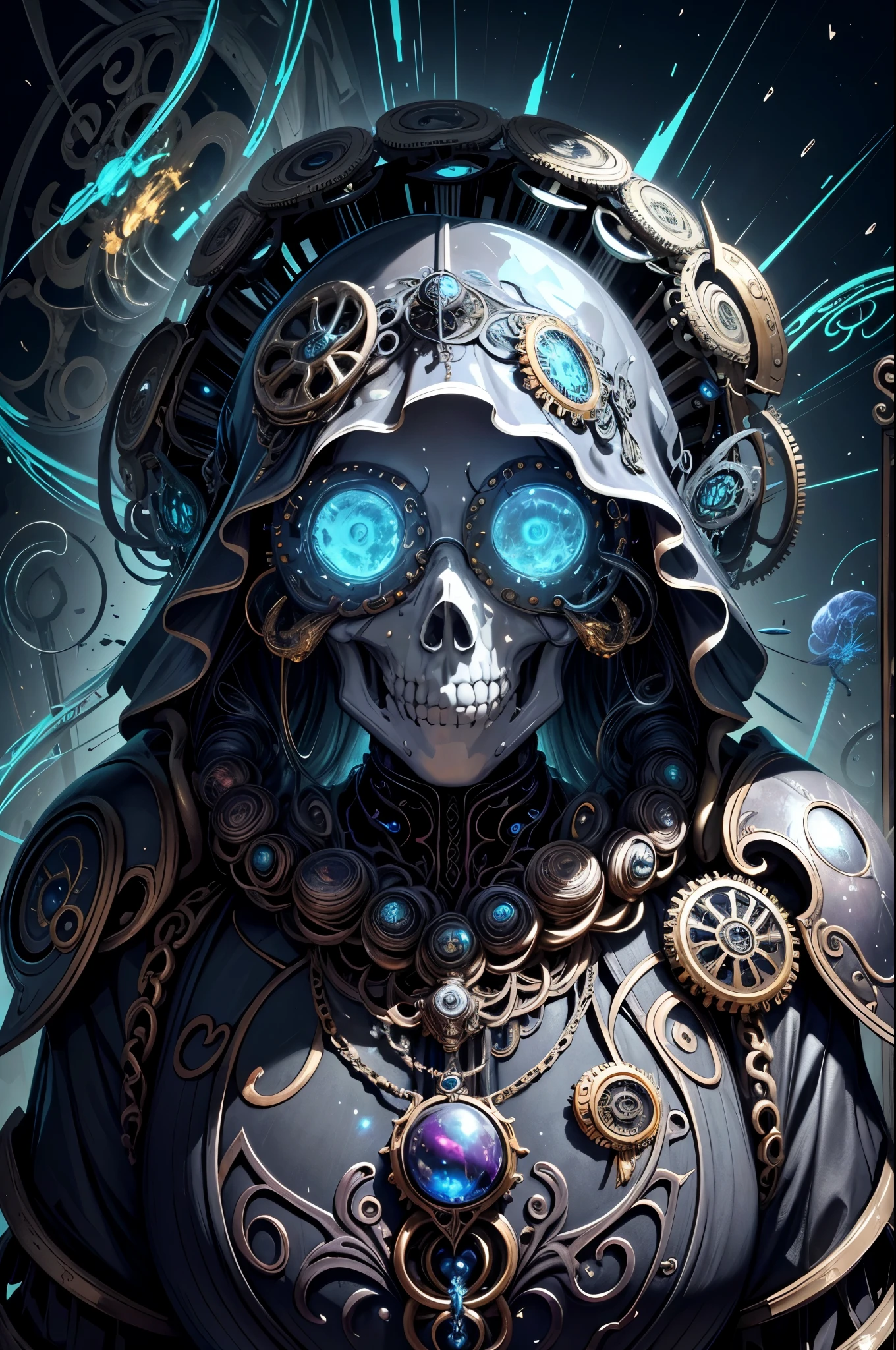 (masterpiece，best quality:1.3)，Ultra high detail，complex，8k, HDR，wallpaper，movie lighting，(universe)，guniring position)，glow，armor，glow的眼睛，Mecha，big wings，Head close-up（（A metal skeleton infested with fantastic transparent jellyfish）），One composed of abstract twisted jellyfish tentacles，There a very large（Mysterious skull made of metal），A waterfall of transparent tentacles above the skull，（Black sunglasses，Highly reflective lenses，rainbow around skull）， The energetic circular composition simply illustrates the various structural forces（Steampunk decorative elements、gears and elements）Impact。pointer，Chain decorative combination，