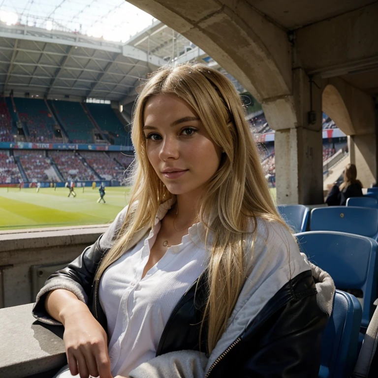 une femme blonde, au parc des princes en train de regarder un match 