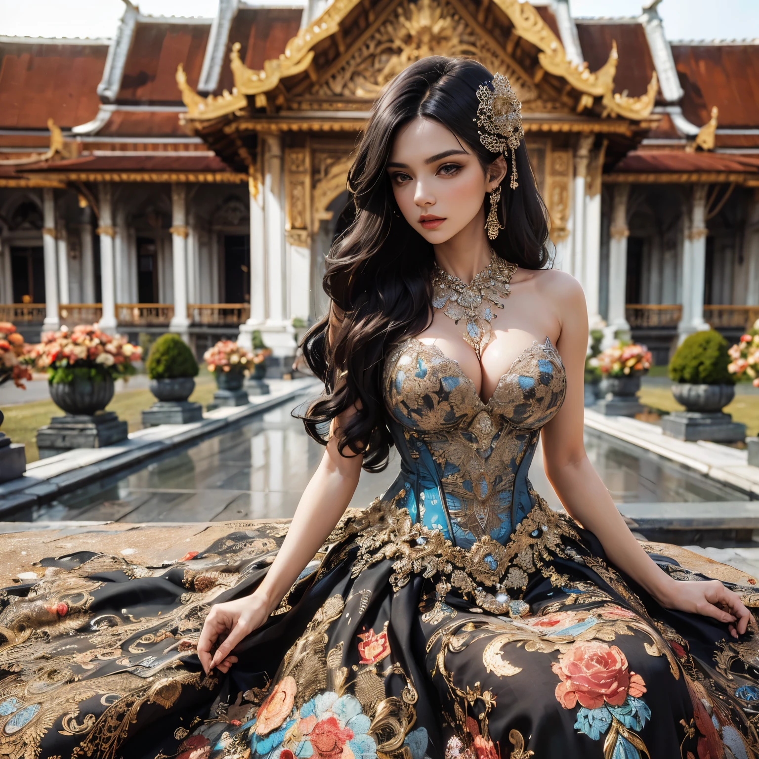 arafed woman with bustier gigantic breast in a corset and dress in front of a building, wearing an ornate outfit, ornate dress, intricate dress, elegant corset, ornate and elegant, extravagant dress, inspired by Hedi Xandt, ornate attire, intricate outfit, ornate royal gown, ornate clothing, ornate gown, intricate and elegant, intricate detailed dress, ornate , royal dress,  masterpiece, best quality:1.2),,(8k,highres,RAW photo,realistic,photo-realistic:1.3),(detailed skin texture,detailed cloth texture,beautiful detailed face:1.25),professional lighting,photon mapping,beautiful soft light,radiosity,physically-based rendering,raytracing, model shoot style, model shoot style, (extremely detailed CG unity 8k wallpaper), full shot body photo of the most beautiful artwork in the world,