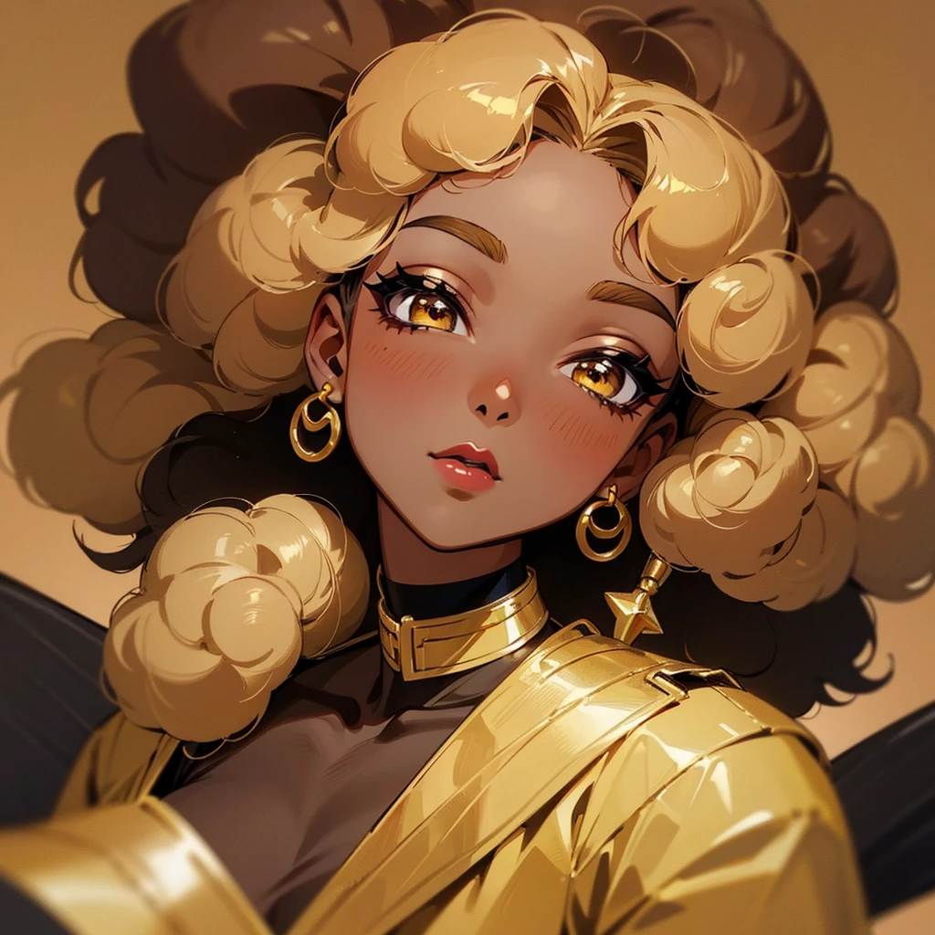 masterpiece, best quality, Royal_bee, LOL_OMG, Fashion_Doll, Dark_brown_skin_tone, afro_textured_curly_hair, Brown_eyes, gold_lipstick gold_eyeshadow, 2D, cartoon --auto