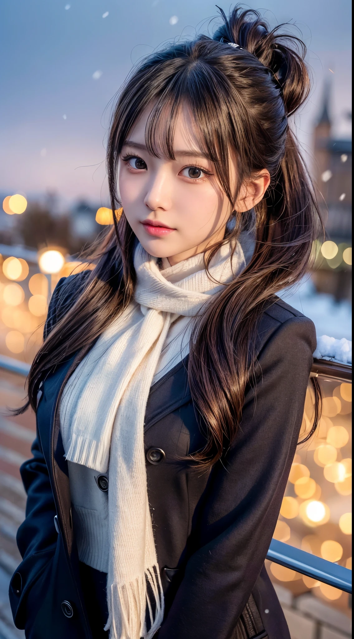 a 23-year-old Bolivian girl with ironed brown hair, piel clara, ojos claros, sonrisa delicada, estatura 1,60, senos medianos con lunares, cintura regular, cuerpo delicado, vistiendo jeans negros 