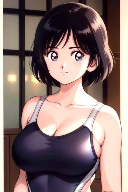 1girl, haruka, black hair, short hair, bangs, looking at viewer, medium breast, cleavage, (seiza), upper body, ((competition swimsuit)), (best quality, masterpiece:1.3)