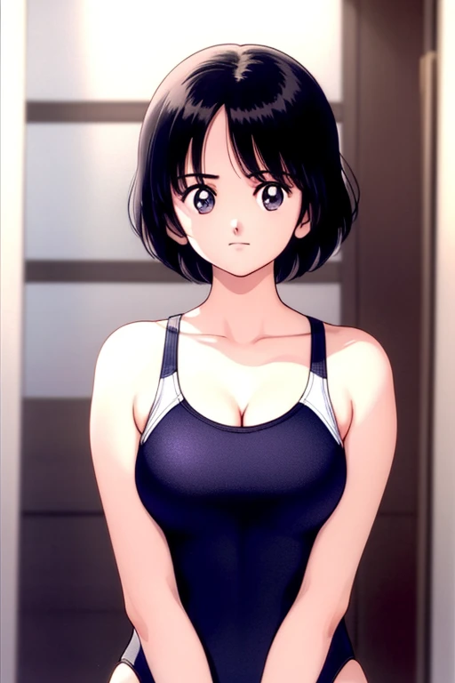 1girl, haruka, black hair, short hair, bangs, looking at viewer, medium breast, cleavage, (seiza), upper body, ((competition swimsuit)), (best quality, masterpiece:1.3)