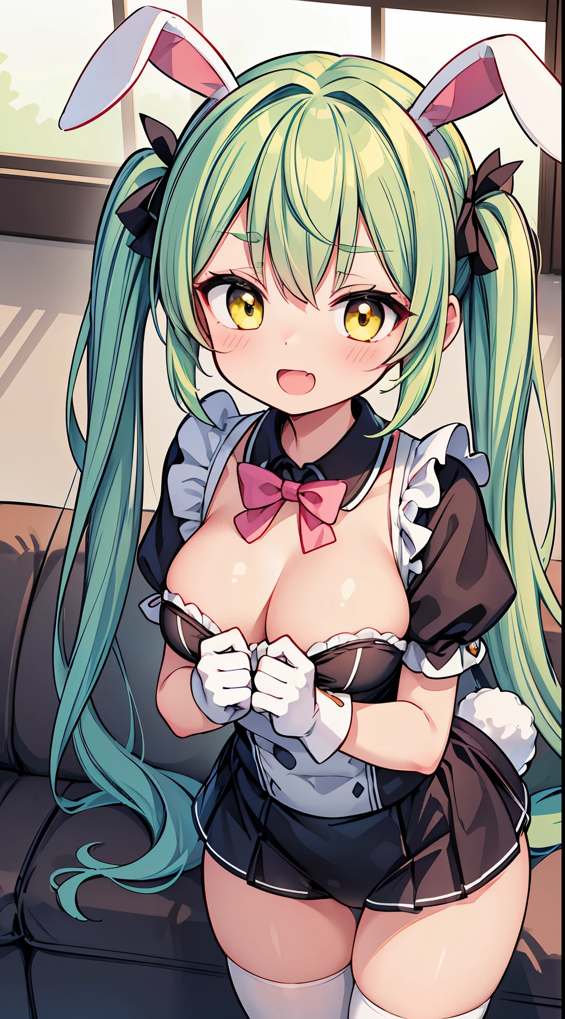 (masterpiece, top quality, best quality, official art, beautiful and aesthetic:1.2),ultra-detailed,intricate details,amazing illustration,award-winning art,atmospheric,
BREAK, 1 beautiful girl, ( girl), Very detailed, colourfull, highest details,
BREAK ,1 beautiful girl, (17 yrs old girl),Solo,(cute:1.5),(chibi:0.6),(kawaii:1.5),(loli:0.5),BR :d, (twintail, green hair, horns, long hair:1.35), (yellow eyes, double, slanted eyes:1.45), blush, double teeth, ((D cup breasts))), heart, gaze, maid, /maid dragon/, dragon tail, (long eyelashes, double eyelids, fine eyebrows:1.2), solo, glowing skin, clear skin, beautiful skin, (top quality face), (top quality slanted eyes), maid outfit, gloves, open mouth, short sleeves, smile, white gloves,
BREAK, girl, Cute, Cheerful, Loli face, A darired、a short bob,tareme, gleaming skin, Hugging a stuffed rabbit, Playboy Bunny, shiny school swimsuit, High socks with pink and yellow stripes,Pink Bunny Years Hair Band, Eating carrots and lying on the couch, Open legs wide ,Awaken,looks sleepy (Toy store background, Lots of stuffed animals,cuckoo clock:1.2), BREAK,wakame,wakame,wakame,(Cowboy Shot,from above:1.4),
BREAK,(Blurry background:1.3),(absurderes, hight resolution, Super Detail Art),cel shading,Clear Color, Lonely optical effect, Beautiful pictures, Bright glow, mystic atmosphere,(Close-up of girl:1.1), Mystical light particle effect,manga influence, clean line drawings,