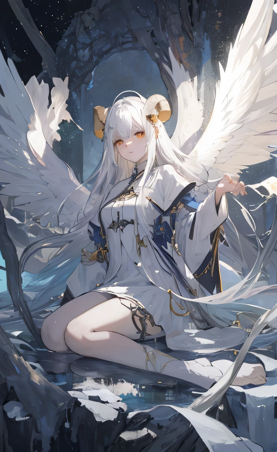 (Photorealistic:1.3), ​masterpiece, top-quality, (intricate detailes:1.2), (landscapes:1.3), 美丽的面容, (white theme:1.3),
1girl, priestess clothes, yellow sheep horns, demon horns, angel, many wings, ((((seraphim)))), biblically accurate angel, white hair, mild horror, body horror, eerie lighting, sheep ears, feminine, young girl, innocent, (young girl)