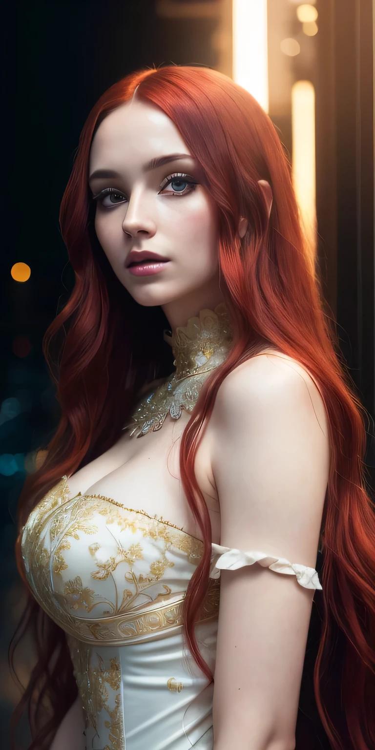 photo of a 25-year-old European girl, RAW, beautiful woman, (extra long wavy red hair), ((portrait)), ((detailed face: 1.2)), ((detailed facial featureinely detailed skin), pale skin, highly detailed deep neckline cyberpunk dress, megacity environment, (cool colors), damp, damp, reflectionasterpiece) (perfect proportion)(realistic photo)(best quality) (detailed) photographed on a Canon EOS R5,   50mm lens, F/2.8, HDR, (8k) (wallpaper) (cinematic lighting) (dramatic lighting) (sharp focus) (intricate)