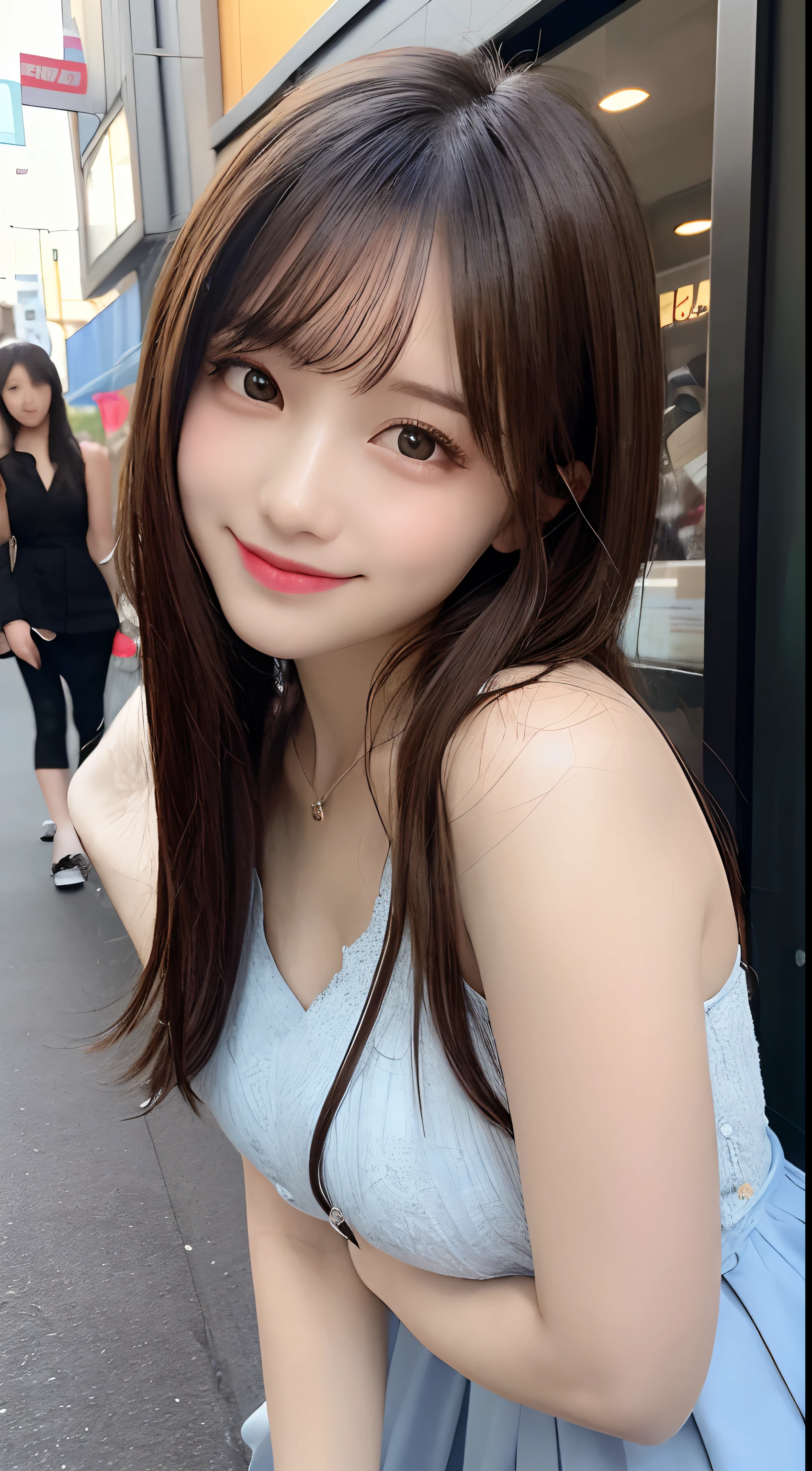 masutepiece, Best Quality, Illustration, Ultra-detailed, finely detail, hight resolution, 8K Wallpaper, Perfect dynamic composition, Beautiful detailed eyes, Dress Mini Skirt,Straight hair,small tits,Natural Color Lip, Bold sexy poses,Smile,Harajuku、20 years girl、Cute、Sexy shot looking at camera