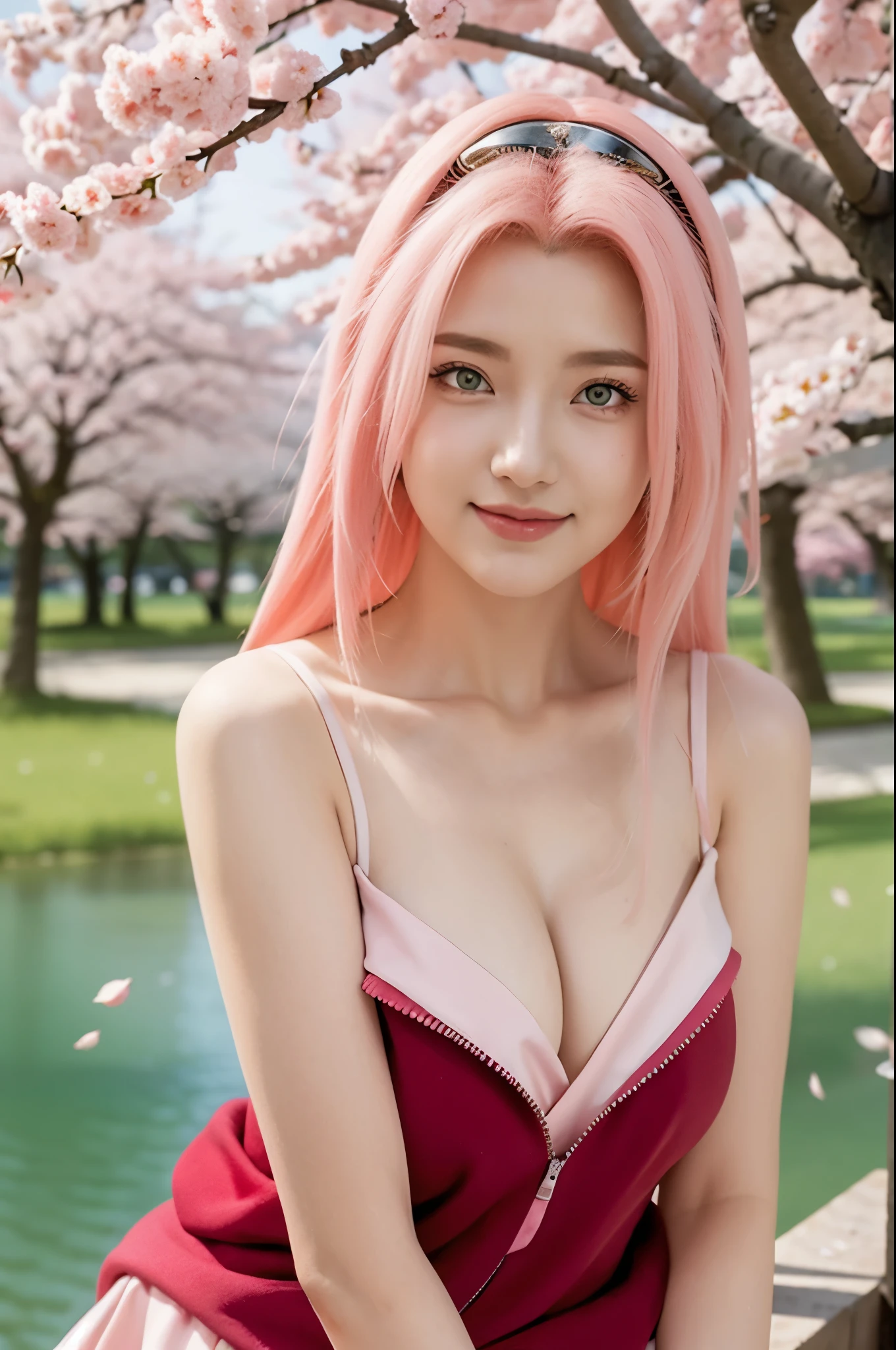 tmasterpiece， Best quality at best， 1girll， Sakura Haruno， Large breasts，Off-the-shoulder attire，（cleavage)，（upperbody closeup)，Raised sexy， shy，ssmile，with pink hair， long whitr hair， （Green eyeballs:1.4)， Forehead protection， the cherry trees，Cherry blossoms flying，Red clothes，Zipper half
