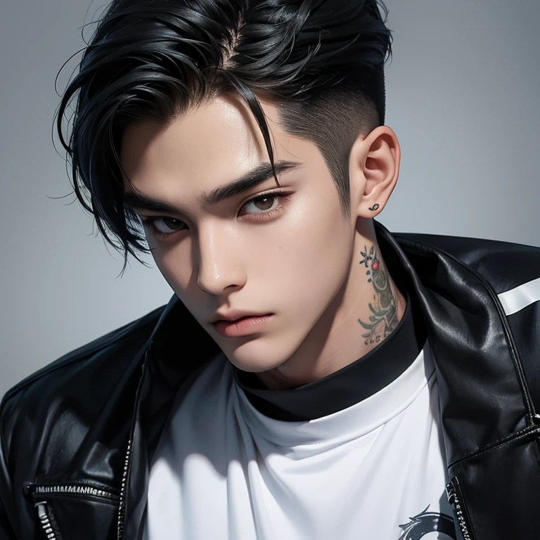 1 homem coreano, Sozinho, cara alto, ombros largos, bonito, bonito, idol, anime, realista, algumas tatuagem, estiloso, uniforme