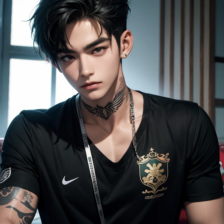 1 homem coreano, Sozinho, cara alto, ombros largos, bonito, bonito, idol, anime, realista, algumas tatuagem, estiloso, uniforme 