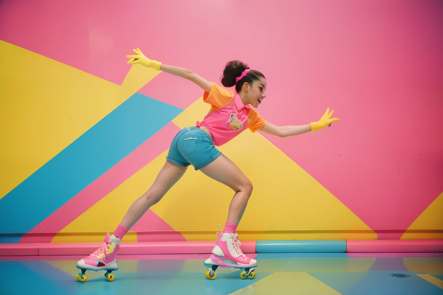 1990s American Roller Skating Rink Extravaganza (Location: Miami):
Character: A teenage girl with a neon scrunchie, rollerblading with exuberance at a colorful roller skating rink in Miami. Capture the energetic atmosphere with Wes Anderson's retro and dynamic color tones.