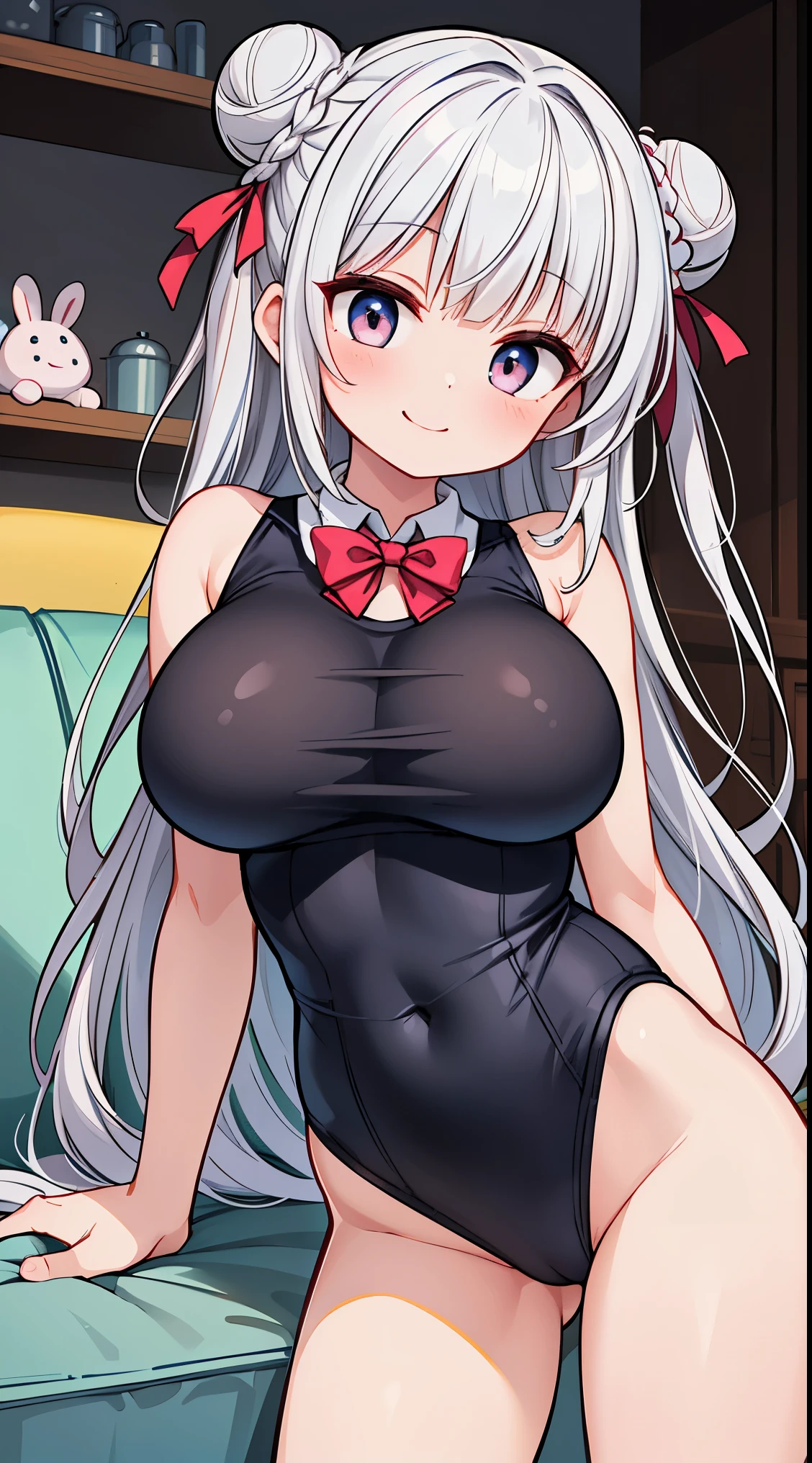 (masterpiece, top quality, best quality, official art, beautiful and aesthetic:1.2),ultra-detailed,intricate details,amazing illustration,award-winning art,atmospheric,
BREAK, 1 beautiful girl, ( girl), Very detailed, colourfull, highest details,
BREAK , 1girl in, (Cute:1.5),(Cool:0.8), (Beauty:1.5),(Chibi:0.5), (17 years oldl, Older sister, Unclear, Beautiful face of Japan:1.2) BREAK, (A detailed eye,Tsuriformes:1.2),(Silver hair,Long hair in a bun,Deco:1.8),(huge breasts:1.35),star eye silhouette, (long eyelashes, Double eyelids:1.2), cleavage, ,Swaying udder, Clear skin, Beautiful skin, Shy, Erect ,Clear skin, Beautiful skin, Shy, gleaming skin,(best quality face),(Top quality glowing eyes),(The best smile,Doya face:1.45), BREAK,arms below breasts,
BREAK, girl, Cute, Cheerful, Loli face, A dark-haired、a short bob,tareme, gleaming skin, Hugging a stuffed rabbit, Playboy Bunny, shiny school swimsuit, High socks with pink and yellow stripes,Pink Bunny Years Hair Band, Eating carrots and lying on the couch, Open legs wide ,Awaken,looks sleepy (Toy store background, Lots of stuffed animals,cuckoo clock:1.2), BREAK,wakame,wakame,wakame,(Cowboy Shot,raise up leg:1.4),
BREAK,(Blurry background:1.3),(absurderes, hight resolution, Super Detail Art),cel shading,Clear Color, Lonely optical effect, Beautiful pictures, Bright glow, mystic atmosphere,(Close-up of girl:1.1), Mystical light particle effect,manga influence, clean line drawings,