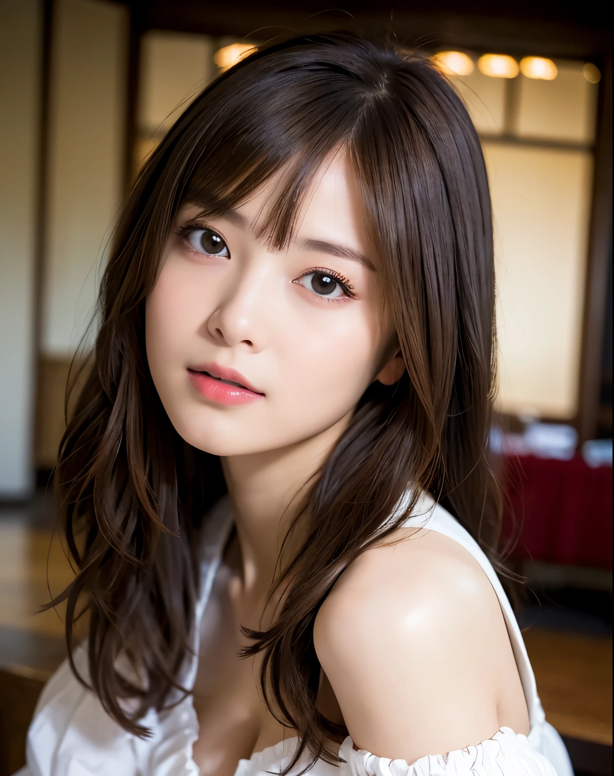 best quality, face focus, soft light, ultra high res, (photorealistic:1.4), RAW photo,
1japanese girl, solo, cute, (pupil, lights in the eyes),  detailed beautiful face, (small chest),(high resolution detail of human skin texture),
(long hair),
indoor,
Damask Shirt Dress,
(portrait)