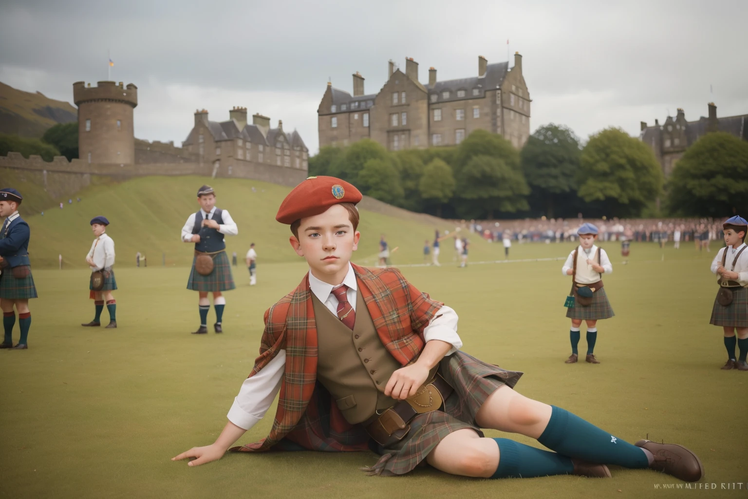 2000s Scottish Castle Highland Games (Location: Edinburgh):
Character: A tween boy with freckles, a kilt, and a flat cap, engaged in traditional Highland games on the grounds of a majestic castle in Edinburgh. Illuminate the spirited competition with Wes Anderson's earthy and vibrant color tones.