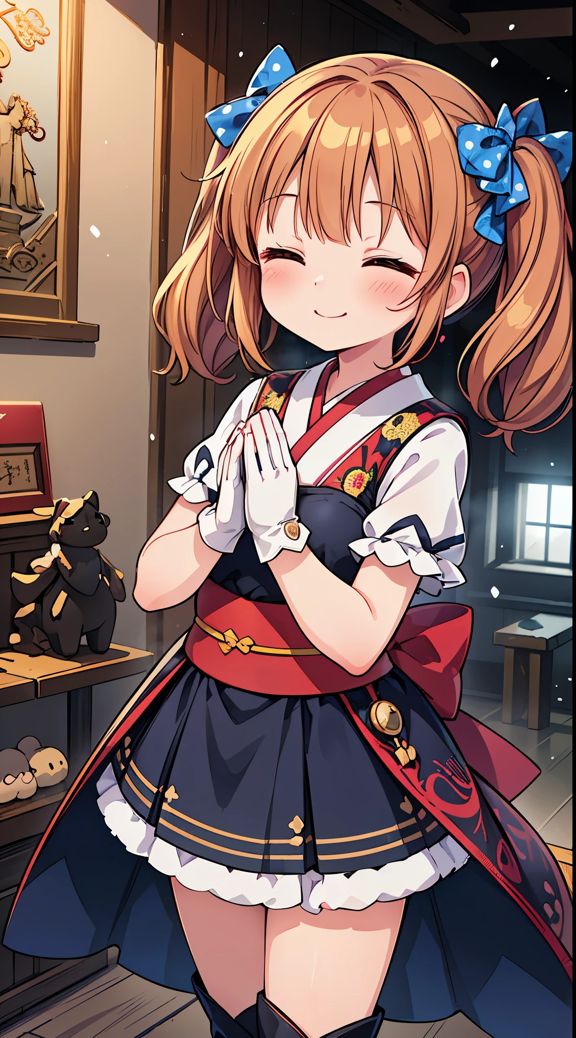 (masterpiece, top quality, best quality, official art, beautiful and aesthetic:1.2),ultra-detailed,intricate details,amazing illustration,award-winning art,atmospheric,
BREAK, one beautiful girl(cute:1.5),(Little:0. 5),(cute:2.0),(change:2.0),(7 year old girl),(alone:1.65),break, (flat chest:1.2,), transparent skin, Shining beautiful skin, shy, one beautiful girl,huge boobs(hair bow, auburn hair, twin tails:1.2), (brown eyes, long eyelashes, double eyelid: 1.2), break, Star-O \(symbol\, (gloves, white gloves 1.3), (bug, one piece,Polka dot pattern:1.3), looking at the viewer,(knee high boots:1.2),shiny skin,transparent skin, Shining beautiful skin,(highest qualityの顔),(highest qualityの目), (smile:0.5), beautiful skin, beautiful skin, (highest quality face), (highest quality slanted eyeaid clothes, gloves, open your mouth, short sleeve, smile, white gloves
BREAK, girl in a kimono with fur visiting a shrine where a statue of a dragon is enshrined,, snowing, crowed people in the background,(closed eyes, praying with hands together:1.35),
(Toy store background, Lots of stuffed animals,cuckoo clock:1.2),
BREAK,wakame,wakame,wakame,(Cowboy Shot:1.4),
BREAK,(Blurry background:1.3),(absurderes, hight resolution, Super Detail Art),cel shading,Clear Color, Lonely optical effect, Beautiful pictures, Bright glow, mystic atmosphere,(Close-up of girl:1.1), Mystical light particle effect,manga influence, clean line drawings,