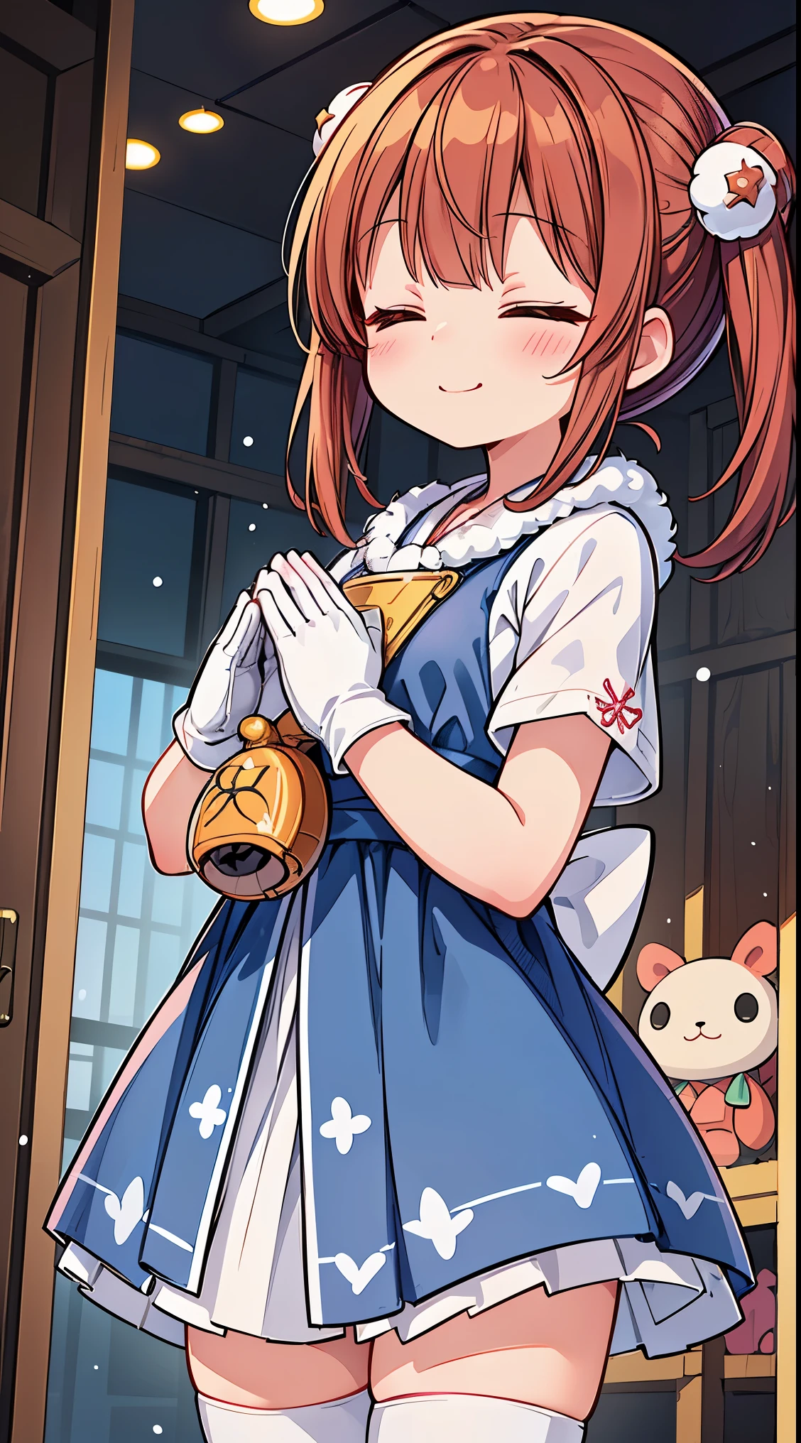 (masterpiece, top quality, best quality, official art, beautiful and aesthetic:1.2),ultra-detailed,intricate details,amazing illustration,award-winning art,atmospheric,
BREAK, one beautiful girl(cute:1.5),(Little:0. 5),(cute:2.0),(change:2.0),(7 year old girl),(alone:1.65),break, (flat chest:1.2,), transparent skin, Shining beautiful skin, shy, one beautiful girl,huge boobs(hair bow, auburn hair, twin tails:1.2), (brown eyes, long eyelashes, double eyelid: 1.2), break, Star-O \(symbol\, (gloves, white gloves 1.3), (bug, one piece,Polka dot pattern:1.3), looking at the viewer,(knee high boots:1.2),shiny skin,transparent skin, Shining beautiful skin,(highest qualityの顔),(highest qualityの目), (smile:0.5), beautiful skin, beautiful skin, (highest quality face), (highest quality slanted eyeaid clothes, gloves, open your mouth, short sleeve, smile, white gloves
BREAK, girl in a kimono with fur visiting a shrine where a statue of a dragon is enshrined,, snowing, crowed people in the background,(closed eyes, praying with hands together:1.35),
(Toy store background, Lots of stuffed animals,cuckoo clock:1.2),
BREAK,wakame,wakame,wakame,(Cowboy Shot:1.4),
BREAK,(Blurry background:1.3),(absurderes, hight resolution, Super Detail Art),cel shading,Clear Color, Lonely optical effect, Beautiful pictures, Bright glow, mystic atmosphere,(Close-up of girl:1.1), Mystical light particle effect,manga influence, clean line drawings,
