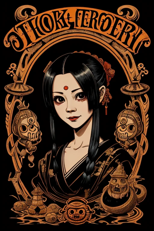black background, ((yokai)), Chojugiga, Shihon Bokuga, full body, (Clear), (obviouasterpiece), (high resolution), (super delicate), (8k), rough sketch, anthropomorphism, Sumi-e, Japanese painting, flat illustration, eerie, horror elements, eerie worldview, (primitive art), old picture scroll style, old staging, Ancient mural style, Outline warm color, horror elements, Crazy illustrations, antique, Dark atmosphere, doll-like face, horror factor, Crazy smile, spooky look, personification of junk, Distinctive hair style, Creative accessories, individualistic atmosphere