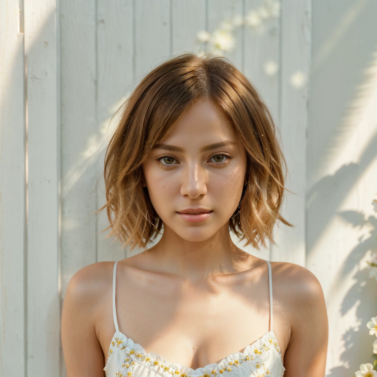 (highres,masterpiece:1.2),beautifully detailed bob hairstyle,perfectly symmetrical haircut,bright and vibrant summer clothing,slim figure and graceful posture,stunningly realistic face and features,dazzlingly expressive eyes,luscious lips with a delicate shade of pink,gorgeous sun-kissed complexion,golden highlights cascading through the hair,playful strands framing the face,peaceful and serene garden background with vibrant flowers in full bloom,sunshine casting a warm glow on the scene,stylish white wooden wall as a backdrop,soft and natural lighting illuminating the subject with a mesmerizing glow,subtle bokeh effect adding depth and enchantment,artistically composed with a focus on elegance and beauty.