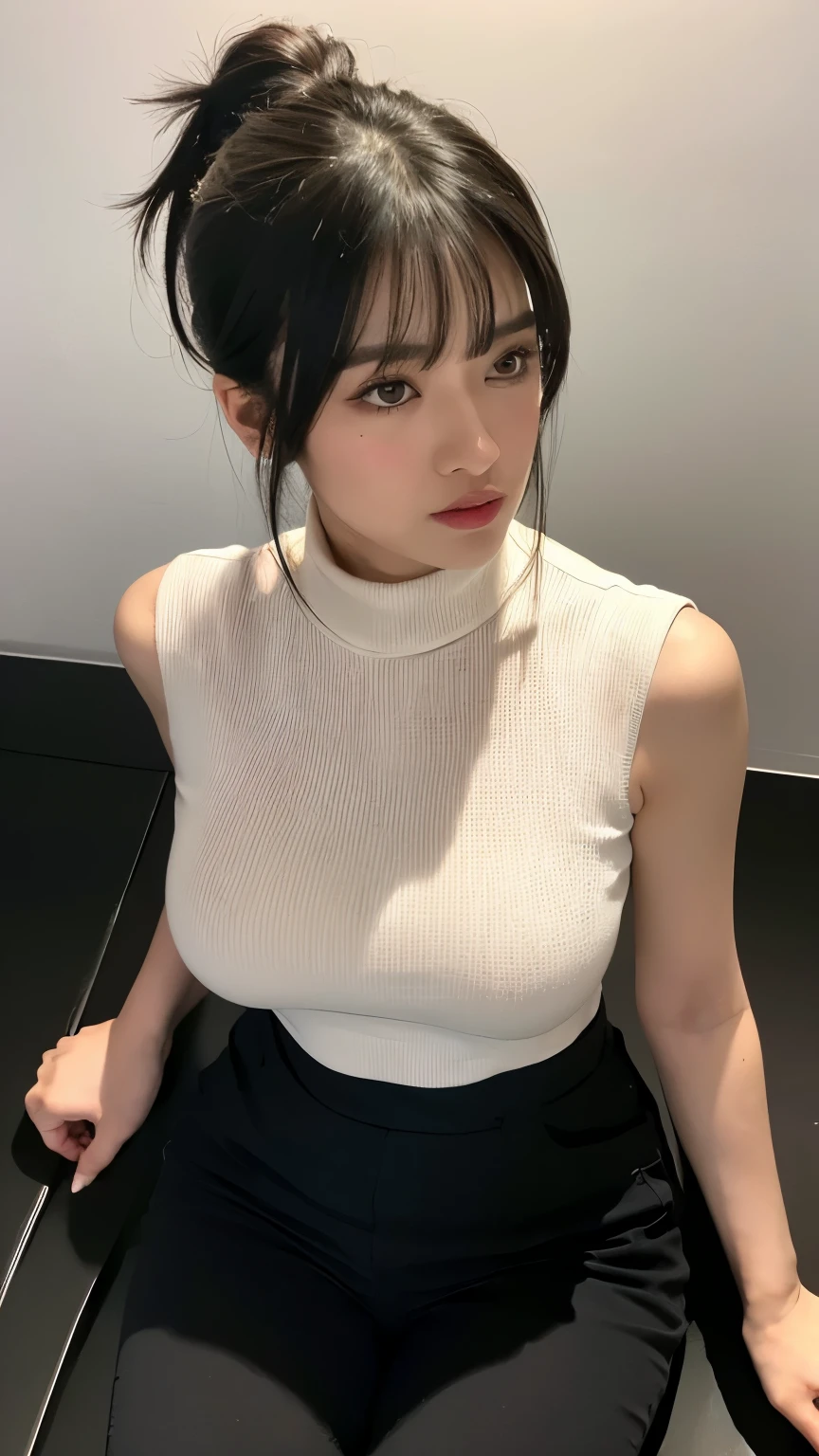 (Surreal,32k, masterpiece:1.2),(High detail skin:1.1),( 8k ultra high definition, SLR camera, high quality:1.1),
1 girl,black hair,Andy ponytail with bangs,One-piece Pants,Small turtleneck sleeveless blouse,(red lips:0.8),(mascara:1.1),huge breast,huge breast,
(looking at the audience, sitting, from above:1.1),
(Volumetric lighting:1.1),blank background,