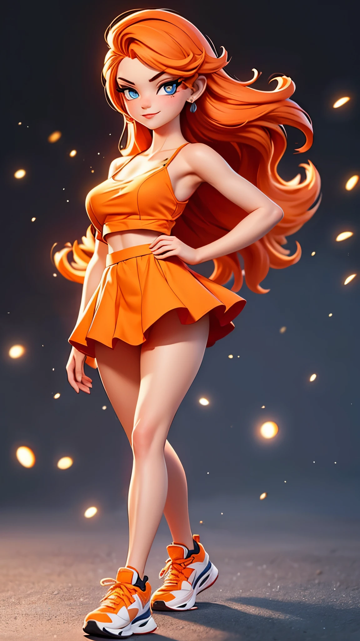 Full frontal teen female in a short and tight-fitting spaghetti strap top and short frilly skirt, Long voluminous blazing burnt orange hair flowing in the wind . Eyes are a piercing blue.she is winking mischievously at the camera. ambient lights. Running shoes on her feet. Very Feminine pose. Very Feminine figure. Particle lights. Extremely detailed. Gazing directly at the camera in an intimate way. High quality camera shot.UHD render