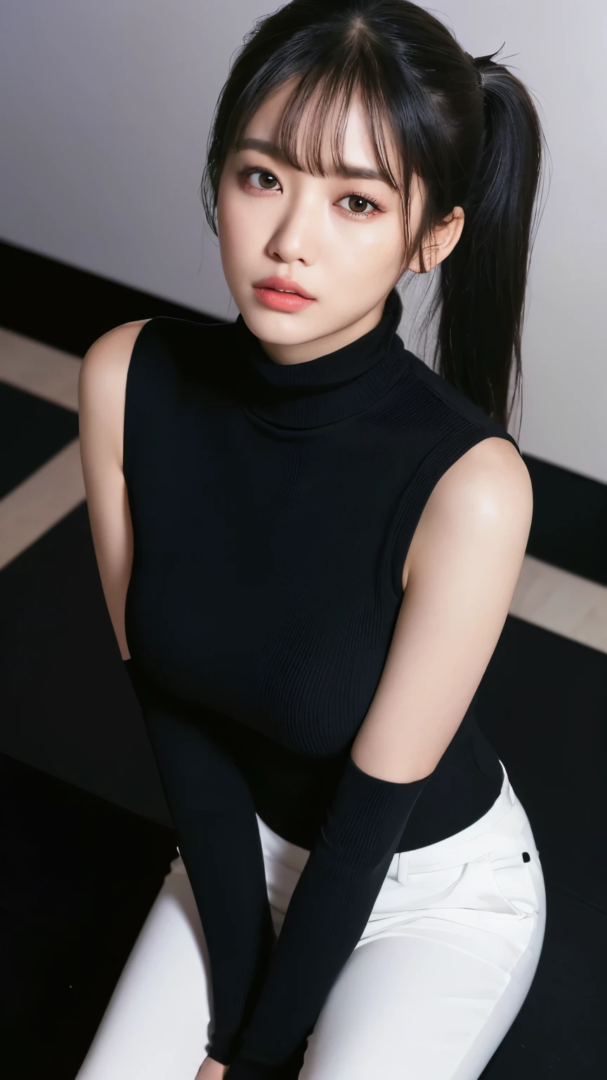 (Surreal,32k, masterpiece:1.2),(High detail skin:1.1),( 8k ultra high definition, SLR camera, high quality:1.1),
1 girl,black hair,Andy ponytail with bangs,One-piece Pants,Small turtleneck sleeveless blouse,(red lips:0.8),(mascara:1.1),huge breast,huge breast,
(looking at the audience, sitting, from above:1.1),
(Volumetric lighting:1.1),blank background,