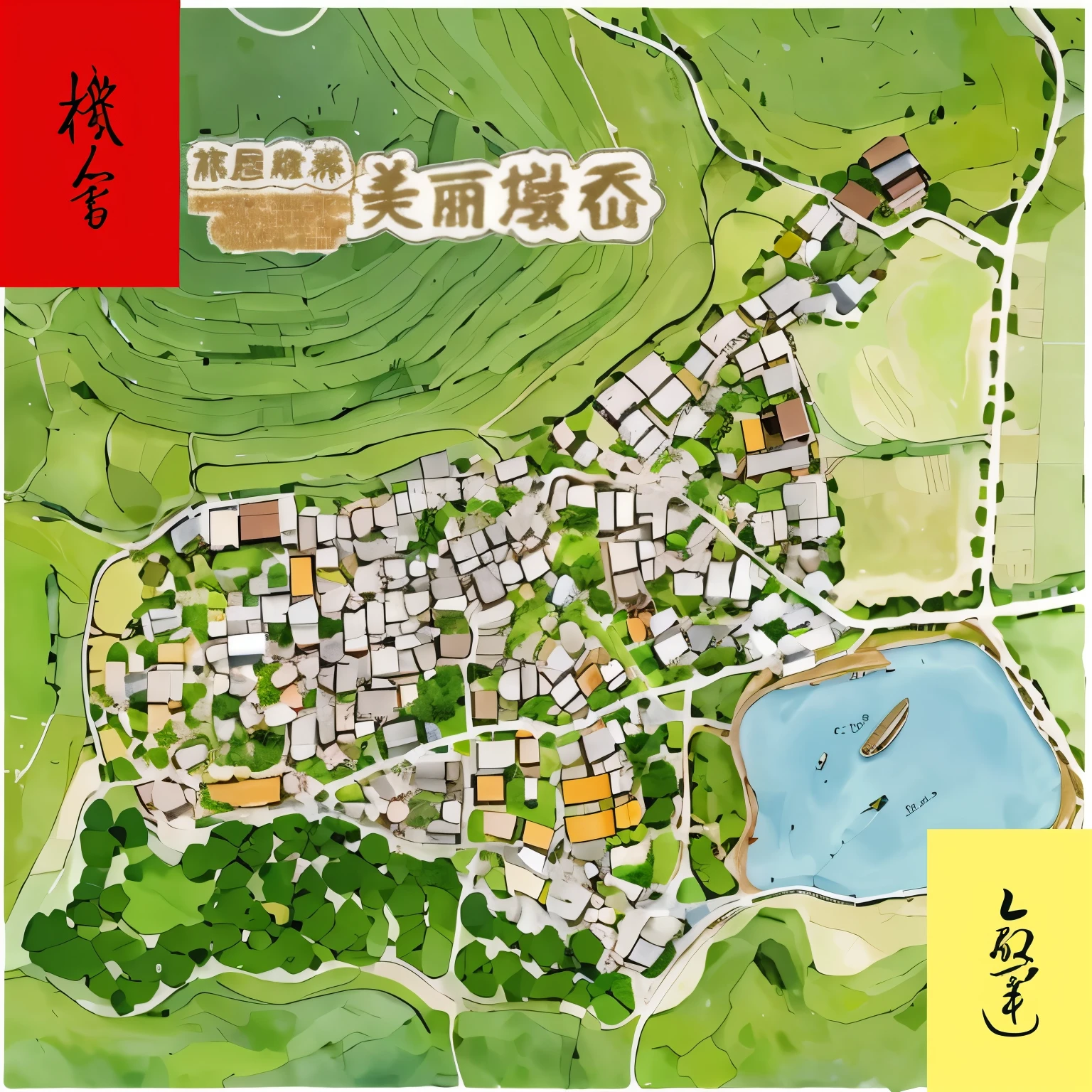 arafed map of a small town with a lake and a boat, view above, top view, Residential area, medieval map of small town, japanese rural town, town, japanese town, ancient city landscape, Aerial photography, Detailed map, highly Detailed map, small village, Detailed Landscape—Width 672, townscape, Aerial View