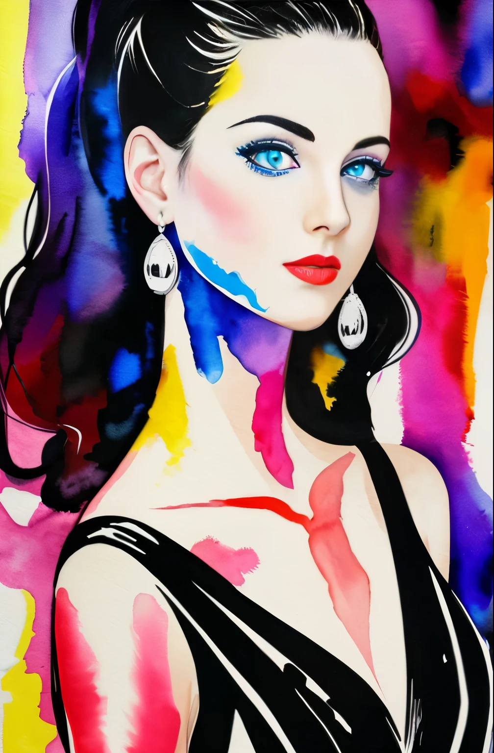 painting of a woman with a black and white face, Sylvia Pelissero watercolors, tumbler, figurative art, Intense watercolor painting, watercolor detailed art, watercolor splash, surreal, Avant-garde pop art, Beautiful and expressive painting, Beautiful artwork illustration, very colorful tones, Fantastic, cool beauty, highest quality,official art, women only, sharp outline, best shot, vector art