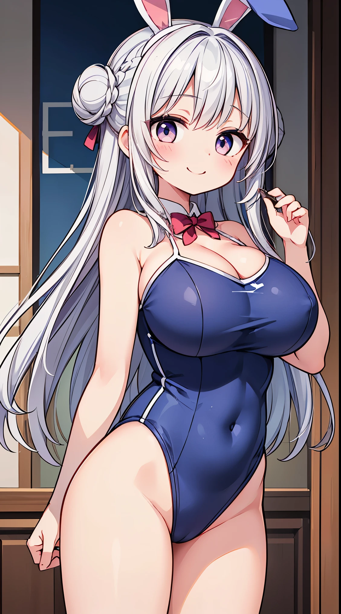 (masterpiece, top quality, best quality, official art, beautiful and aesthetic:1.2),ultra-detailed,intricate details,amazing illustration,award-winning art,atmospheric, 
BREAK, 1 beautiful girl, ( girl), Very detailed, colourfull, highest details, 

BREAK , 1girl in, (Cute:1.5),(Cool:0.8), (Beauty:1.5),(Chibi:0.5), (17 years oldl, Older sister, Unclear, Beautiful face of Japan:1.2) BREAK, (A detailed eye,Tsuriformes:1.2),(Silver hair,Long hair in a bun,Deco:1.8),(huge breasts:1.35),star eye silhouette, (long eyelashes, Double eyelids:1.2), cleavage, ,Swaying udder, Clear skin, Beautiful skin, Shy, Erect ,Clear skin, Beautiful skin, Shy, gleaming skin,(best quality face),(Top quality glowing eyes),(The best smile,Doya face:1.45), BREAK,arms below breasts,

BREAK, girl, Cute, Cheerful, Loli face, A dark-haired、a short bob,tareme, gleaming skin, Hugging a stuffed rabbit, Playboy Bunny, shiny school swimsuit, High socks with pink and yellow stripes,Pink Bunny Years Hair Band, Eating carrots and lying on the couch, Open legs wide ,Awaken,looks sleepy (Toy store background, Lots of stuffed animals,cuckoo clock:1.2), BREAK,wakame,wakame,wakame,(Cowboy Shot,raise up leg:1.4), 

BREAK,(Blurry background:1.3),(absurderes, hight resolution, Super Detail Art),cel shading,Clear Color, Lonely optical effect, Beautiful pictures, Bright glow, mystic atmosphere,(Close-up of girl:1.1), Mystical light particle effect,manga influence, clean line drawings,