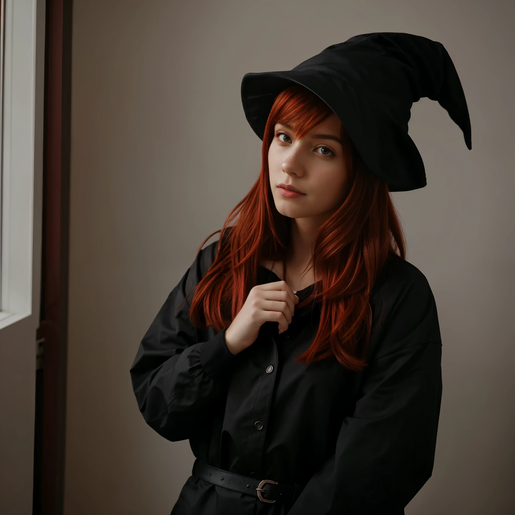 dark-red-hair-girl, perfect quality , red clothes , witch hat