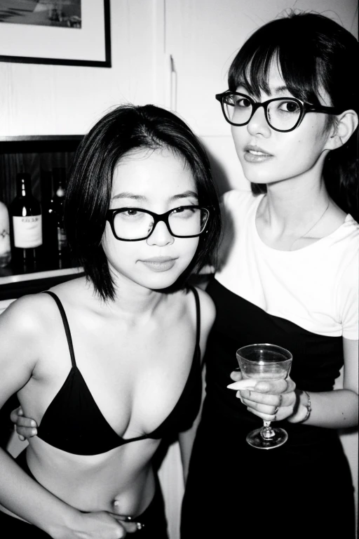 Nemuro,black and white,Showa,Glasses,girls,tits,Drinkers,