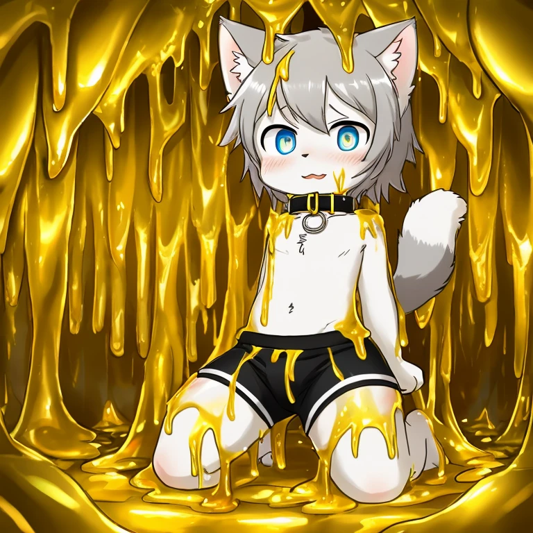 A small gray male cat wearing black boxers,Dive into golden slime,into the slime,kneeling,((Thighs covered with golden mucus)),Golden slime falls on kitten'Body,blue pupils,collar,Shota,hairy