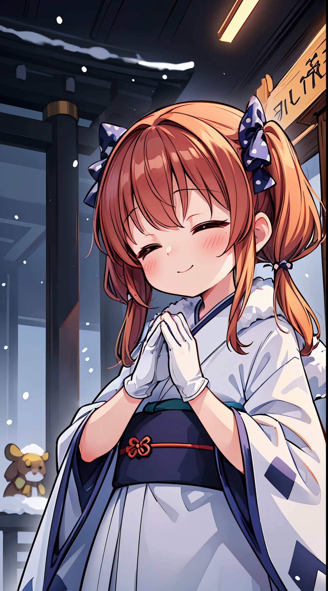 (masterpiece, top quality, best quality, official art, beautiful and aesthetic:1.2),ultra-detailed,intricate details,amazing illustration,award-winning art,atmospheric, 
BREAK, one beautiful girl(cute:1.5),(Little:0. 5),(cute:2.0),(change:2.0),(7 year old girl),(alone:1.65),break, (flat chest:1.2,), transparent skin, Shining beautiful skin, shy, one beautiful girl,huge boobs(hair bow, auburn hair, twin tails:1.2), (brown eyes, long eyelashes, double eyelid: 1.2), break, Star-O \(symbol\, (gloves, white gloves 1.3), (bug, one piece,Polka dot pattern:1.3), looking at the viewer,(knee high boots:1.2),shiny skin,transparent skin, Shining beautiful skin,(highest qualityの顔),(highest qualityの目), (smile:0.5), beautiful skin, beautiful skin, (highest quality face), (highest quality slanted eyeaid clothes, gloves, open your mouth, short sleeve, smile, white gloves

BREAK, ,, snowing, crowed people in the background,(closed eyes, praying with hands together:1.35),

(girl in a kimono with fur visiting a shrine where a statue of a dragon is enshrined:1.2),
BREAK,wakame,wakame,wakame,(Cowboy Shot:1.4),

BREAK,(Blurry background:1.3),(absurderes, hight resolution, Super Detail Art),cel shading,Clear Color, Lonely optical effect, Beautiful pictures, Bright glow, mystic atmosphere,(Close-up of girl:1.1), Mystical light particle effect,manga influence, clean line drawings,