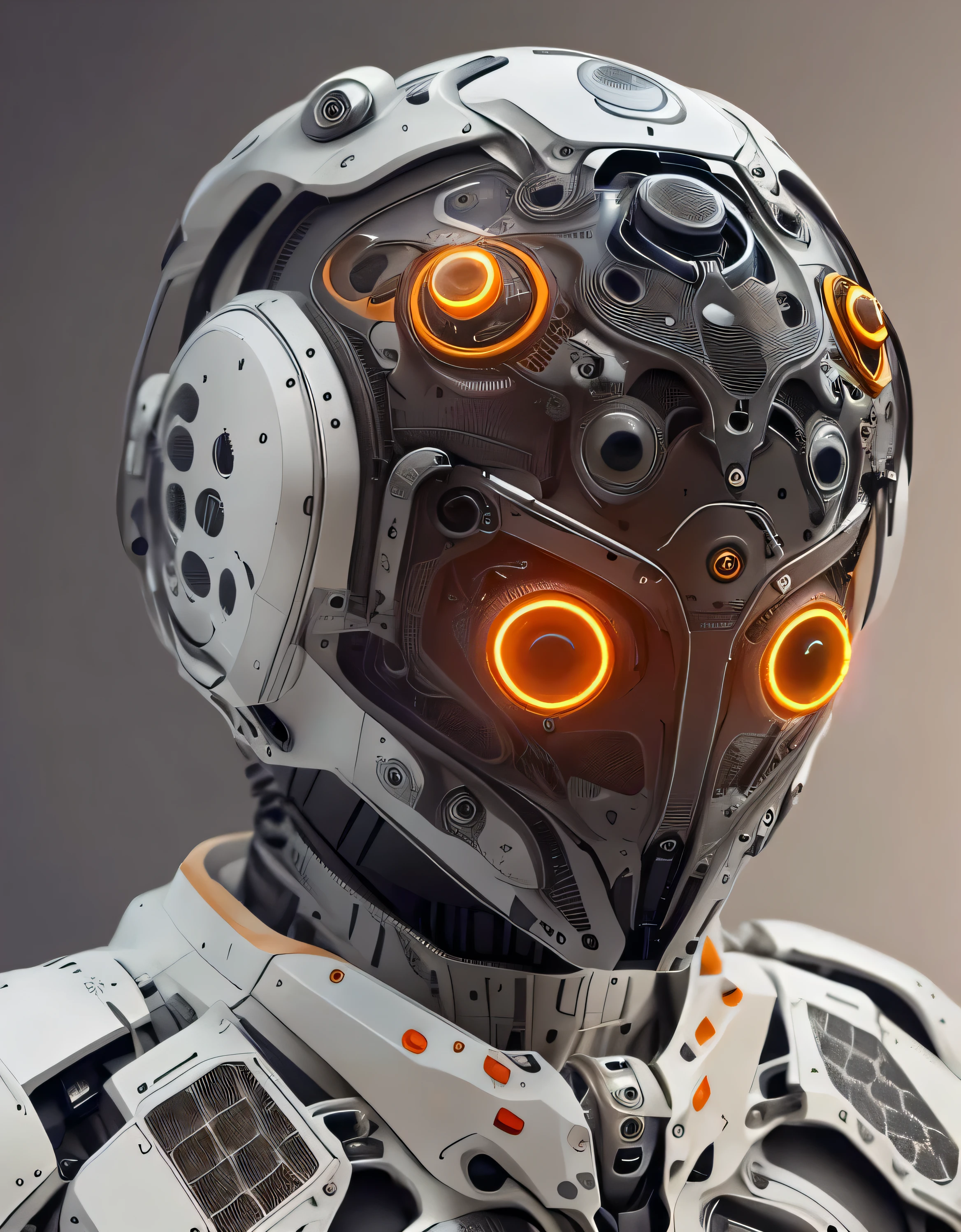 1 robot, organic, orange  glowing eyes, cyberhelmet, long hair, white plastic, diffuse lighting, fantasy, intricate, elegant, highly detailed, lifelike, photorealistic,  smooth, sharp focus, art by John Collier and Albert Aublet and Krenz Cushart and Artem Demura, wires, tubes, dark room, dim light
