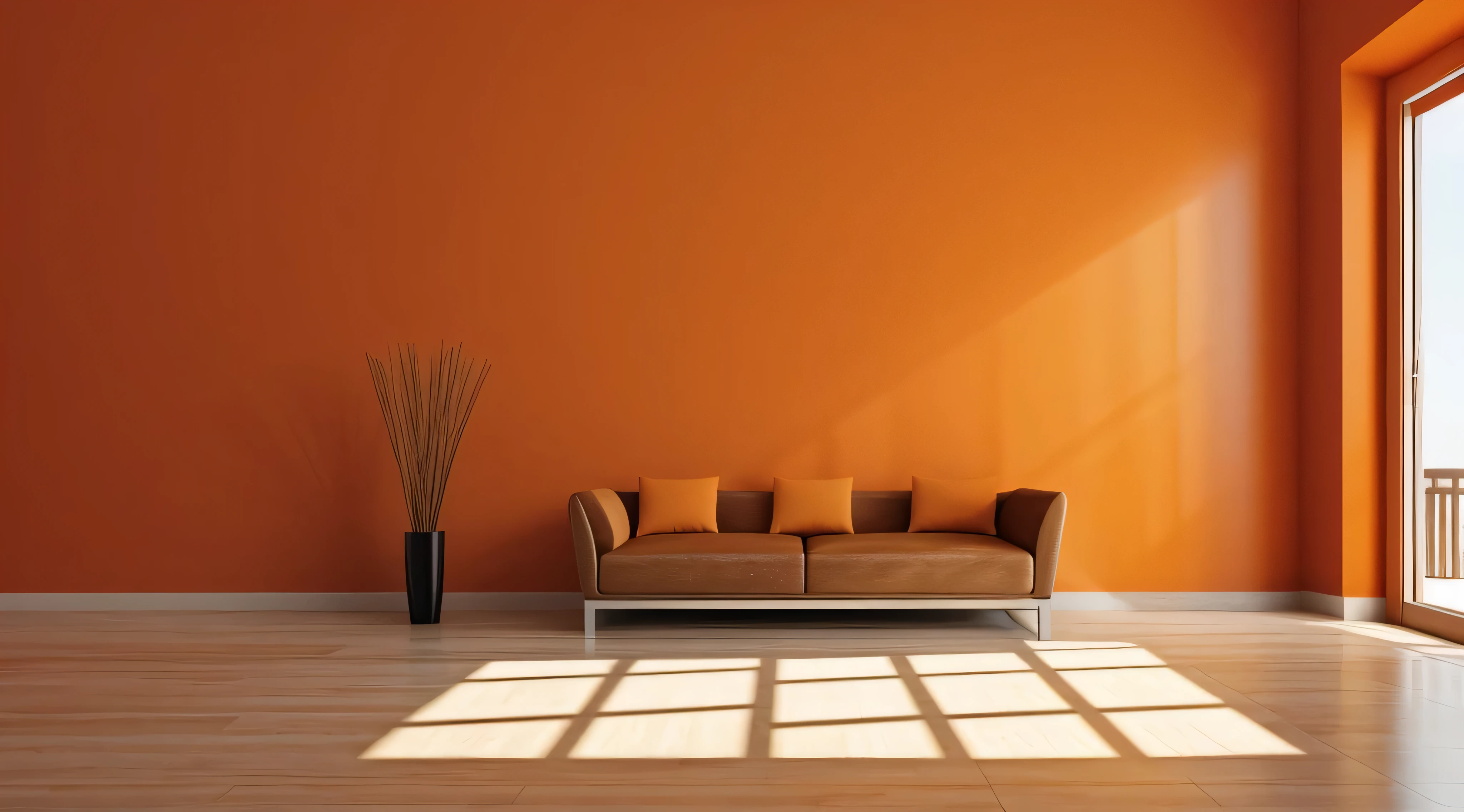 There are no people, featuring only 1 vase, 1 photo. The walls are painted in a light color with low saturation, Create a soft atmosphere with orange color. The color of the entire room is unified. soft and gentle lighting, 直射Day光やDay光の影響を受けません. Day: 1 vase, 1 photo, Light-colored walls, low saturation, soft light, One tone color scheme, no sun, Day光が当たらない. From the point of view of a person in front of a parallel wall of the camera, For background