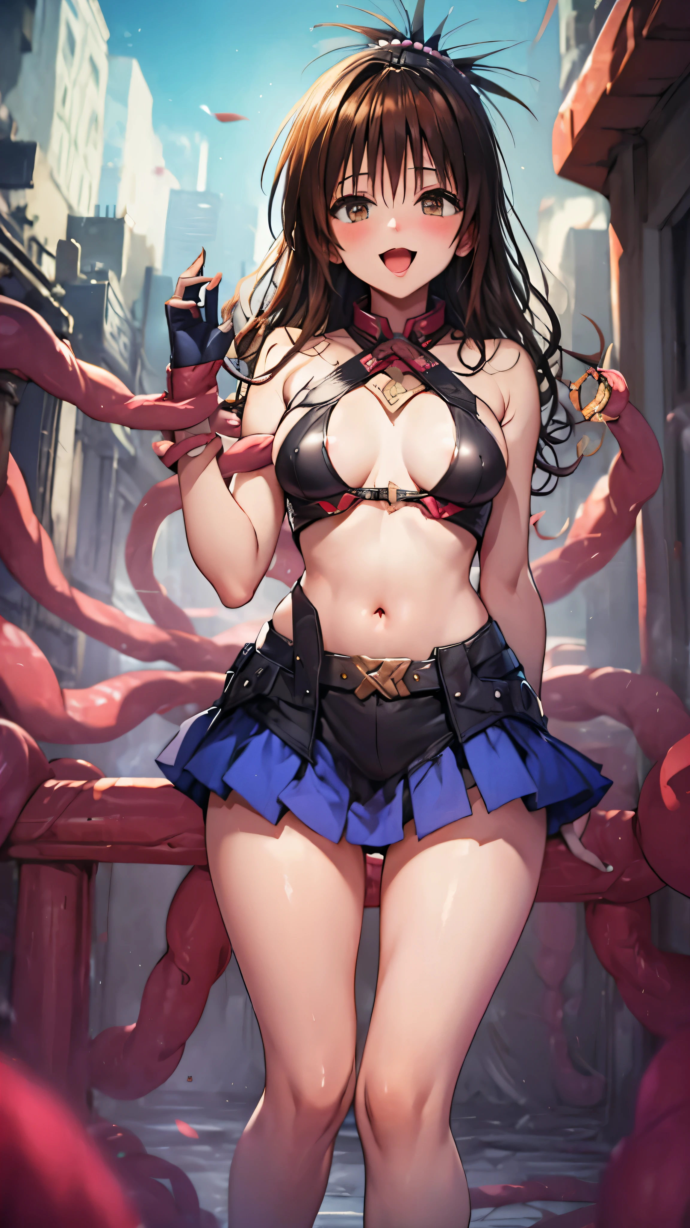 1 female,black hair,((************)),(((blue shiny skirt)))((Sexy black micro bikini))(((blush、open mouth smile)),(((Yuki Mikan))),(((portrait))),crowd,(((white see-through tank top)))(baby girl body shape)(((small breasts)))sexy pose,(tentacle)