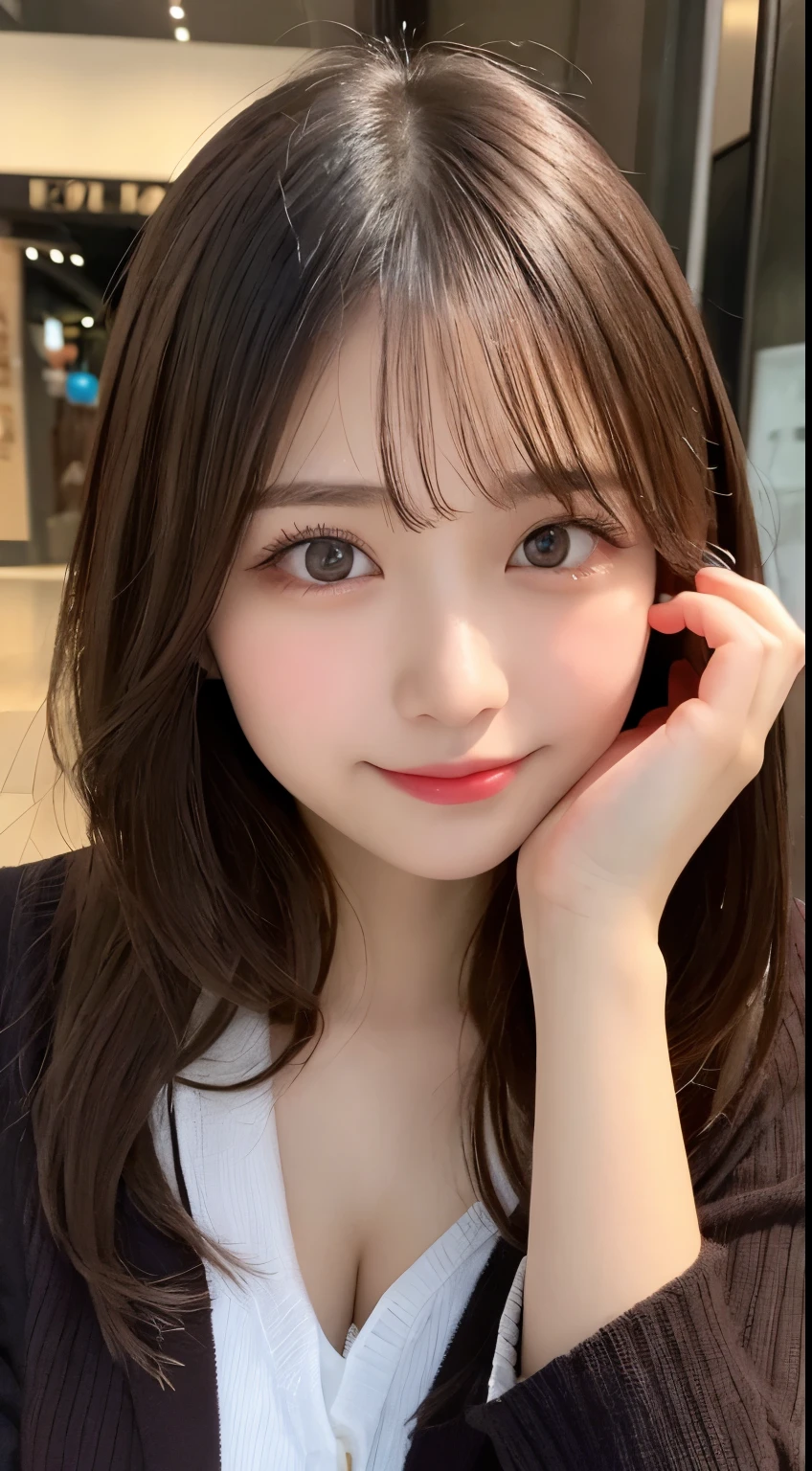 table top, highest quality, shape, Super detailed, finely, High resolution, 8k wallpaper, 完璧なダイナミックな構shape, beautiful and detailed eyes,medium hair,small breasts,natural color lip, bold sexy pose,smile、20 year old girl、cute、sexy shot looking at camera,Random costume latest Tokyo winter clothes)beautiful detailed face,Beautiful detailed double eyelids,small face,perfect and beautiful face,very cute face,blur the background