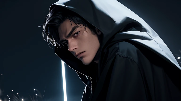 Create an illustration of Damon Nightshade, a 19-year-old young man with a hauntingly handsome appearance. Damon has striking features, including jet-black hair that falls in tousled waves, complementing his piercing black eyes. His facial expression should convey a very sad personality, reflecting an introverted and contemplative nature.

Damon possesses an alluring attractiveness, with tall and broad shoulders accentuating his lean body. His skin has a pale color, adding an ethereal and mysterious quality to his overall appearance. The character radiates a quiet bravery, suggesting strength beneath the melancholy exterior.

Damon is adorned in a soul reaper hood that shrouds part of his face in shadow, adding an air of mystique. The hood should be detailed, incorporating symbolic elements that represent his role as a soul reaper. At his side, place a finely crafted scythe, a weapon that hints at his otherworldly abilities.

Set the scene against a night background illuminated by the soft glow of moonlight. The moon should cast gentle beams of light, creating a contrast between light and shadow. The night atmosphere should enhance the solemn and mysterious ambiance surrounding Damon Nightshade.

Feel free to play with composition and lighting to evoke a sense of loneliness, bravery, and introspection in this captivating character.