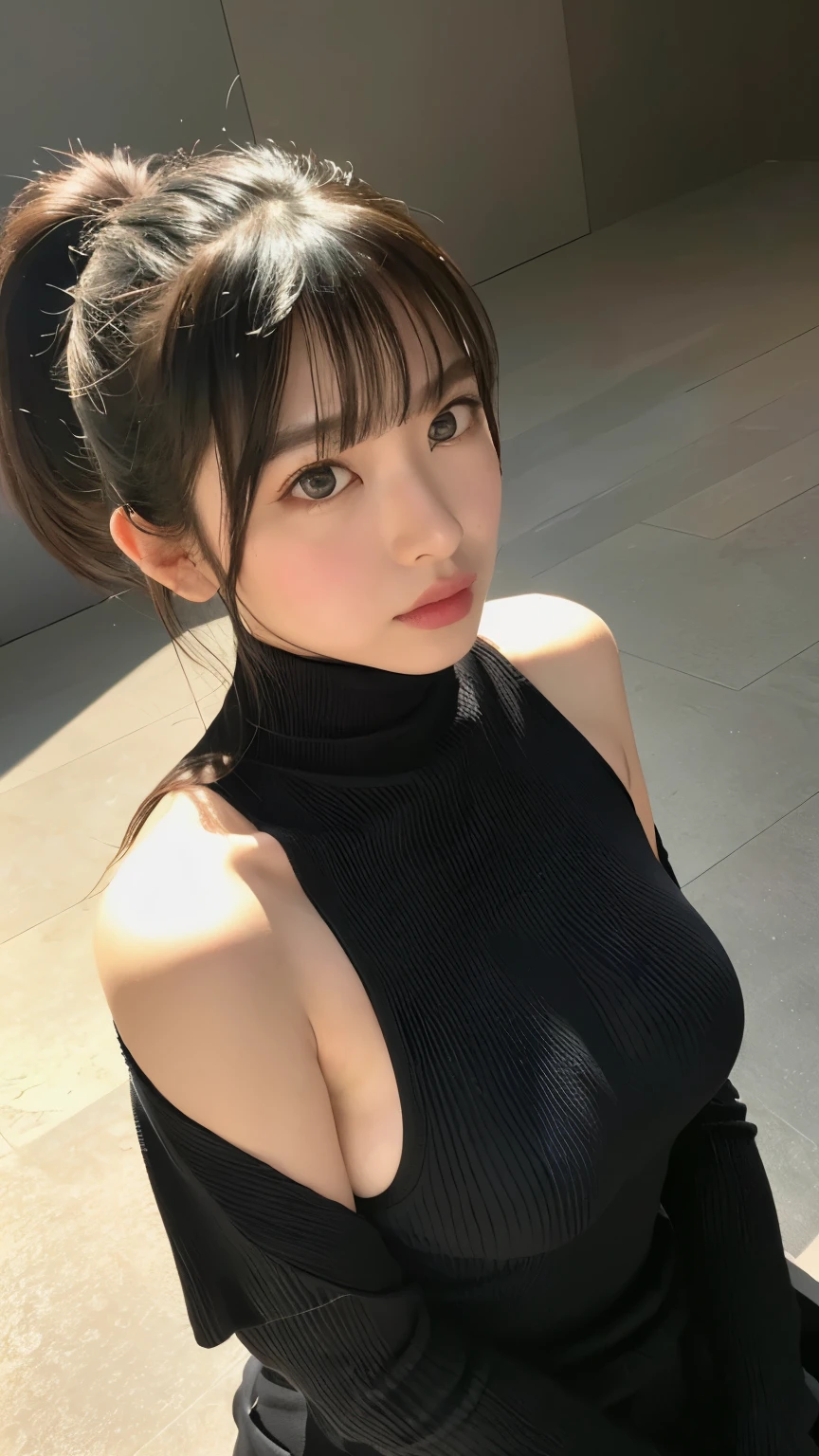 (Surreal,32k, masterpiece:1.2),(High detail skin:1.1),( 8k ultra high definition, SLR camera, high quality:1.1),
1 girl,black hair,Andy ponytail with bangs,One-piece Pants,Small turtleneck sleeveless blouse,(red lips:0.8),(mascara:1.1),huge breast,huge breast,huge breast,expose breast,
(looking at the audience, sitting, from above:1.1),
(Volumetric lighting:1.1),blank background,