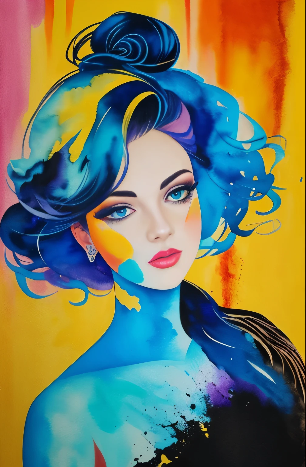 Painting of a woman with a blue and black face, Sylvia Pelissero watercolors, tumbler, figurative art, Intense watercolor painting, watercolor detailed art, watercolor splash, surreal, Avant-garde pop art, Beautiful and expressive painting, Beautiful artwork illustration, very colorful tones, Fantastic, cool beauty, highest quality,official art, women only, sharp outline, best shot, vector art