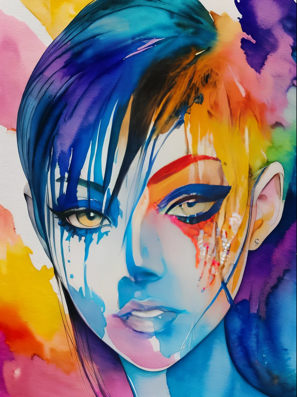 Painting of a woman with a blue and black face, Sylvia Pelissero watercolors, tumbler, figurative art, Intense watercolor painting, watercolor detailed art, watercolor splash, surreal, Avant-garde pop art, Beautiful and expressive painting, Beautiful artwork illustration, very colorful tones, Fantastic, cool beauty, highest quality,official art, women only, sharp outline, best shot