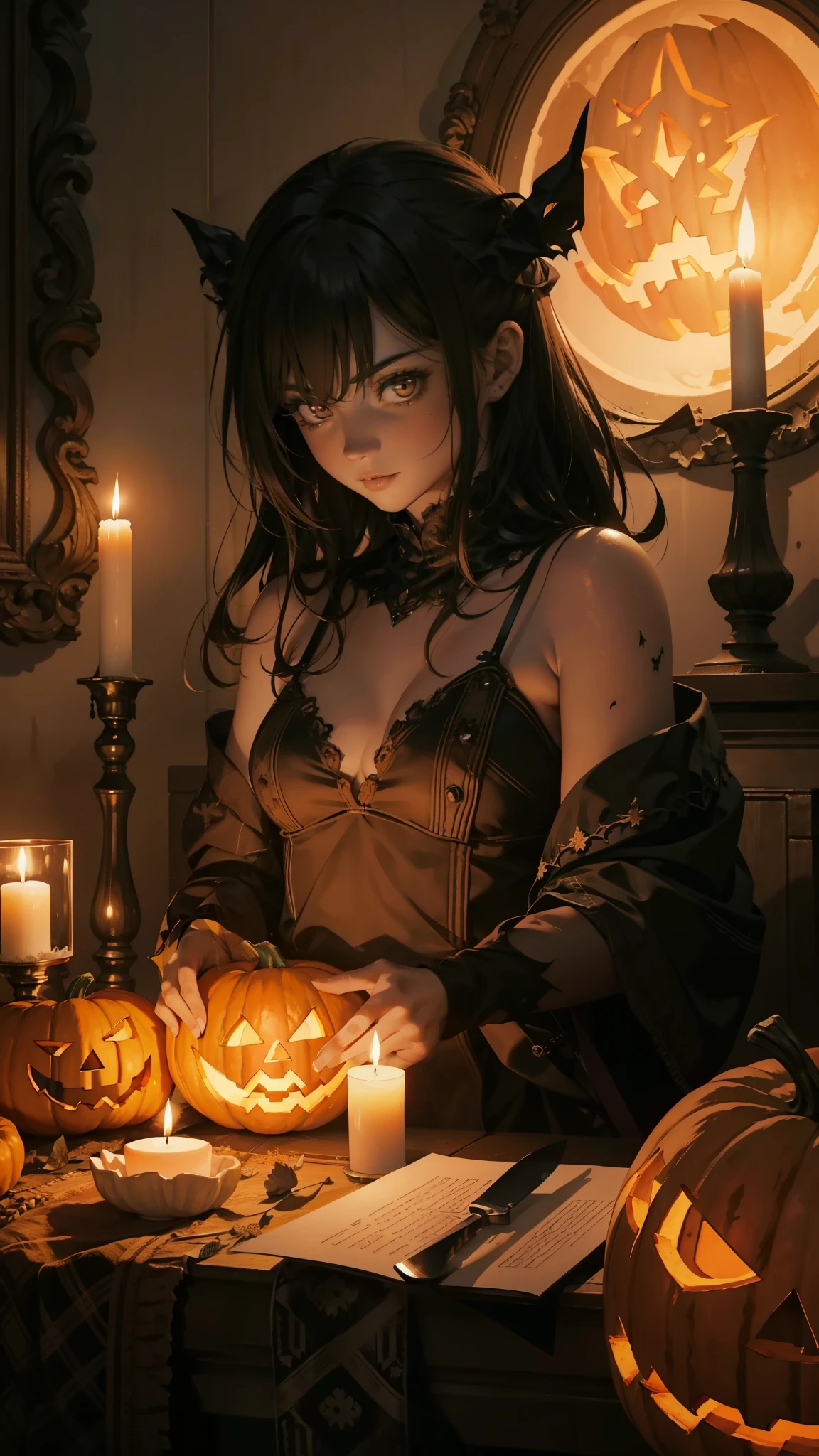 a girl carving a pumpkin,midnight scene,dark mood,high-res,perfectly lit,autumn colors,sculpting,pumpkin seeds,pumpkin gutting,sharp knife,nimble fingers,gleaming eyes,spooky atmosphere,lit candles,smoke rising,hauntingly beautiful,orange glow,endless detail,creativity unveiled,exquisite craftsmanship,fall festivities,satisfying mess,artistic composition,meticulous strokes,glowing jack-o-lantern,casting eerie shadows,eerie ambiance,flickering candlelight,nighttime magic,detailed expressions,delicate features,witching hour,mesmerizing artistry,full moon illuminating