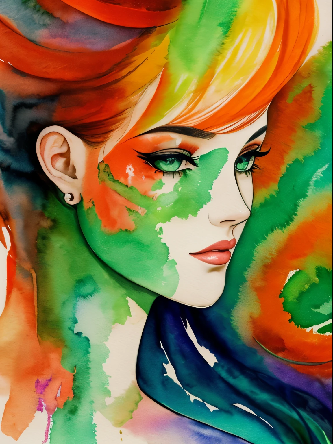 A picture of a woman with a green and orange face, Sylvia Pelissero watercolors, tumbler, figurative art, Intense watercolor painting, watercolor detailed art, watercolor splash, surreal, Avant-garde pop art, Beautiful and expressive painting, Beautiful artwork illustration, very colorful tones, Fantastic, cool beauty, highest quality,official art, women only, sharp outline, best shot