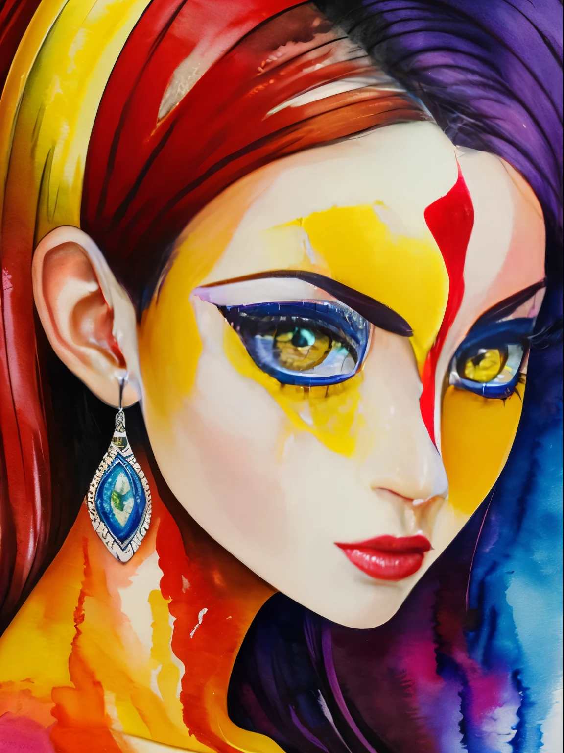 A painting of a woman with a red and yellow face, Sylvia Pelissero watercolors, tumbler, figurative art, Intense watercolor painting, watercolor detailed art, watercolor splash, surreal, Avant-garde pop art, Beautiful and expressive painting, Beautiful artwork illustration, very colorful tones, Fantastic, cool beauty, highest quality,official art, women only, sharp outline
