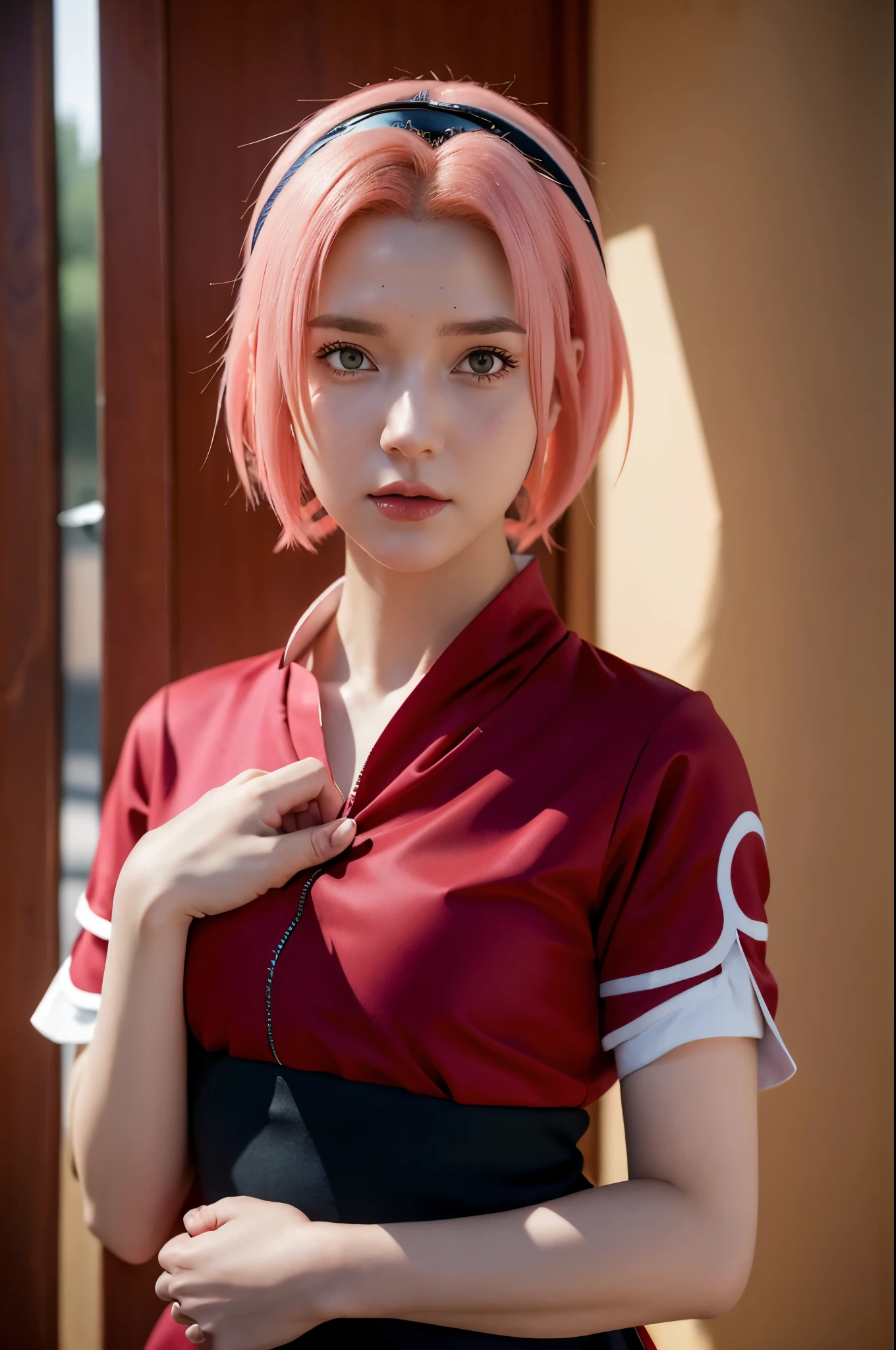 Sakura haruno, ANIME NARUTO, NINJA, ((forehead the show)), attractive, wearing a ((red blouse)), pink hair, delicate, young, short hair, detailed face, in a village, full body, looking at the viewer, bandana on the head, trend in art by rhads, andreas rocha, rossdraws, makoto shinkai, laurie greasley, lois van baarle, ilya kuvshinov and greg rutkowski