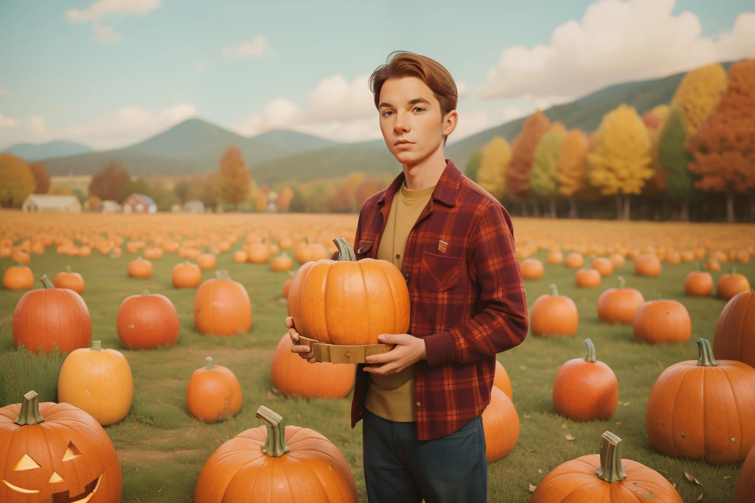 1960s American Farmhouse Pumpkin Harvest (Location: Vermont):
Character: A tween boy with a plaid shirt and freckles, gathering pumpkins on a picturesque farm in Vermont during the autumn harvest. Capture the pumpkin-picking joy with Wes Anderson's warm and harvest-inspired color tones.